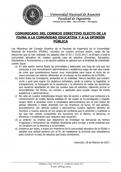 Comunicado Consejo Directivo FIUNA